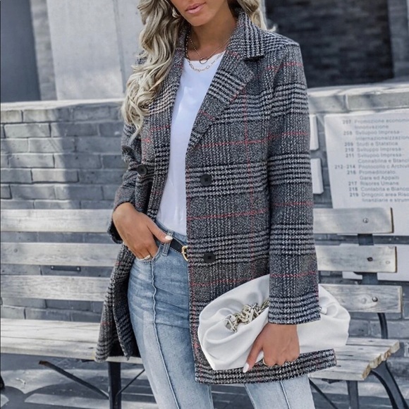 plaid print double breasted blazer jacket coat - Picture 4 of 6